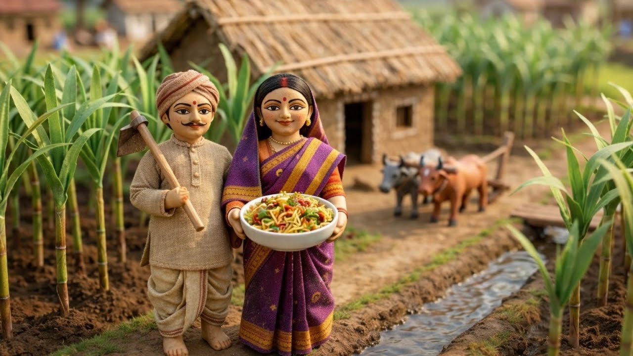 Miniature Doll Sugarcane Hakka Noodles | Peaceful Indian Village ASMR