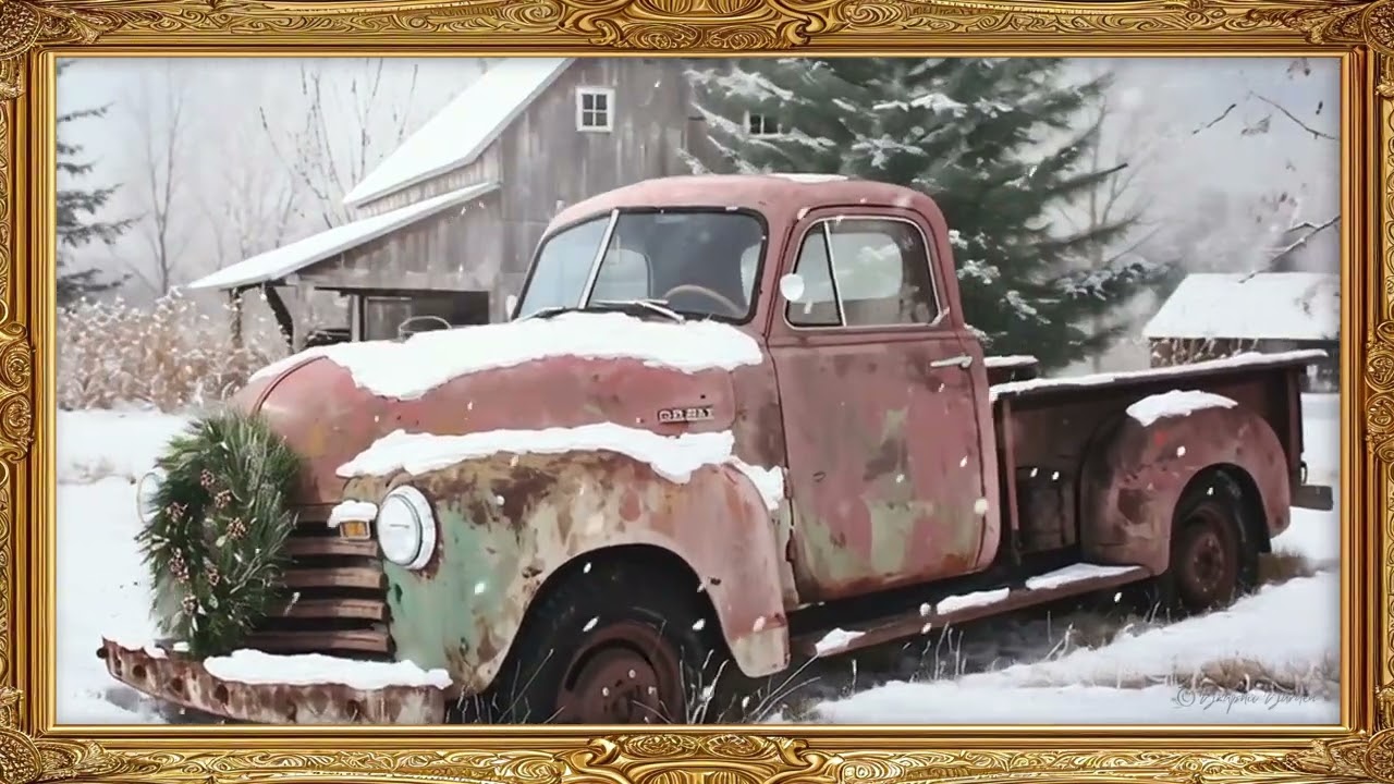 🎄 Rustic Farmhouse Truck And Barn In Winter | Gold Frame TV Art With Relaxing Piano Music In 4K