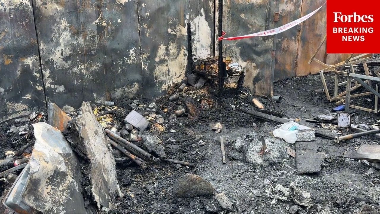 Aftermath Of Airstrikes In Ramla, Israel Show Heavy Fire Damage And Destroyed Buildings