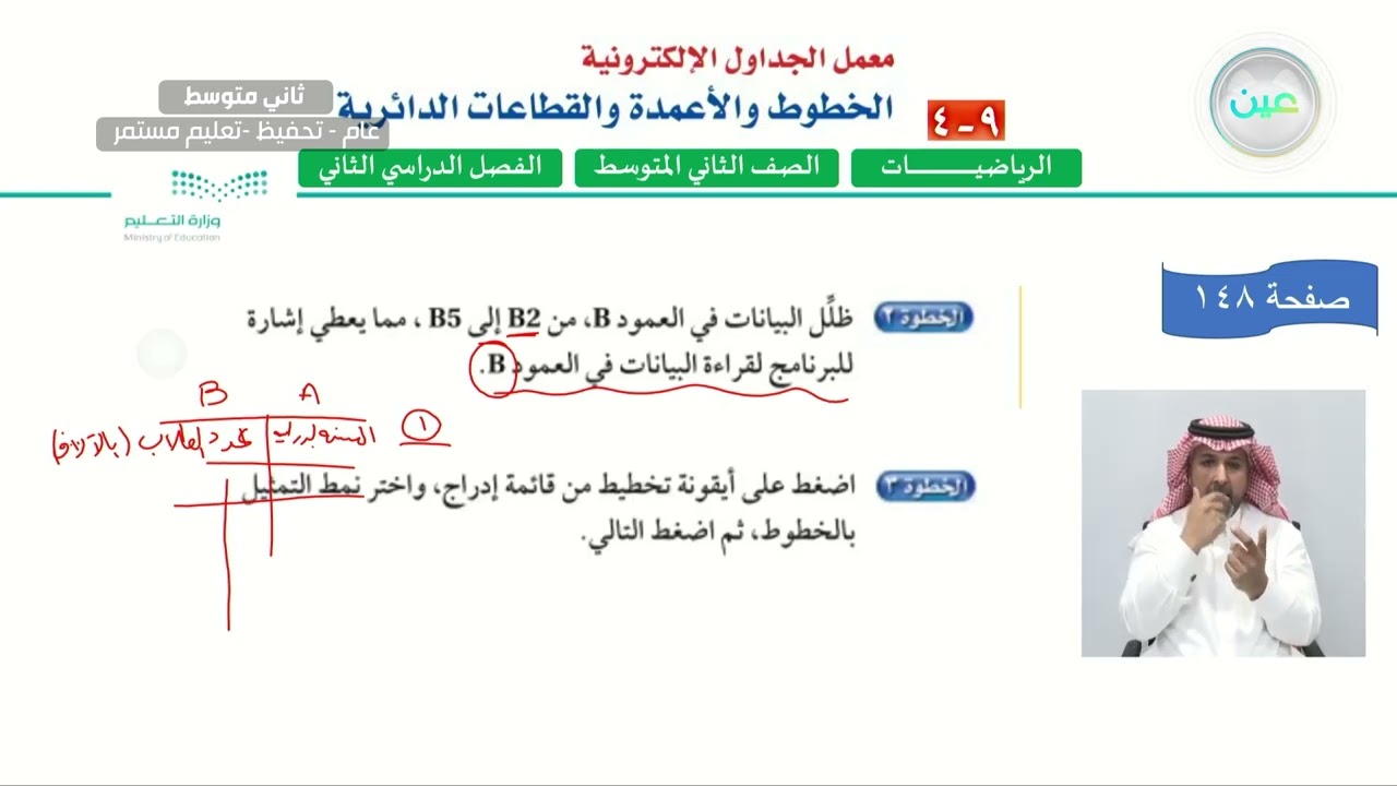 معمل الجداول الالكترونية: الخطوط والأعمدة والقطاعات الدائرية - الرياضيات - ثاني متوسط