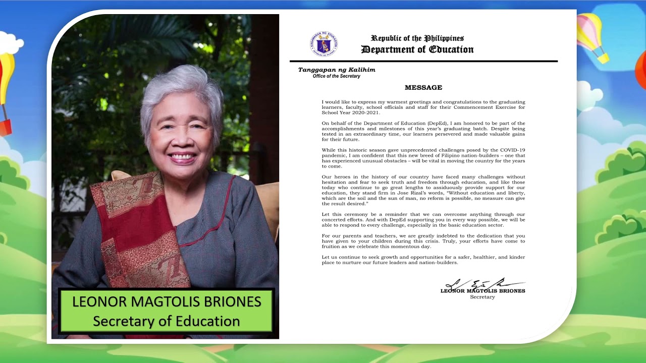 Graduation Message of DepEd Secretary to the completers for school year 2020-2021