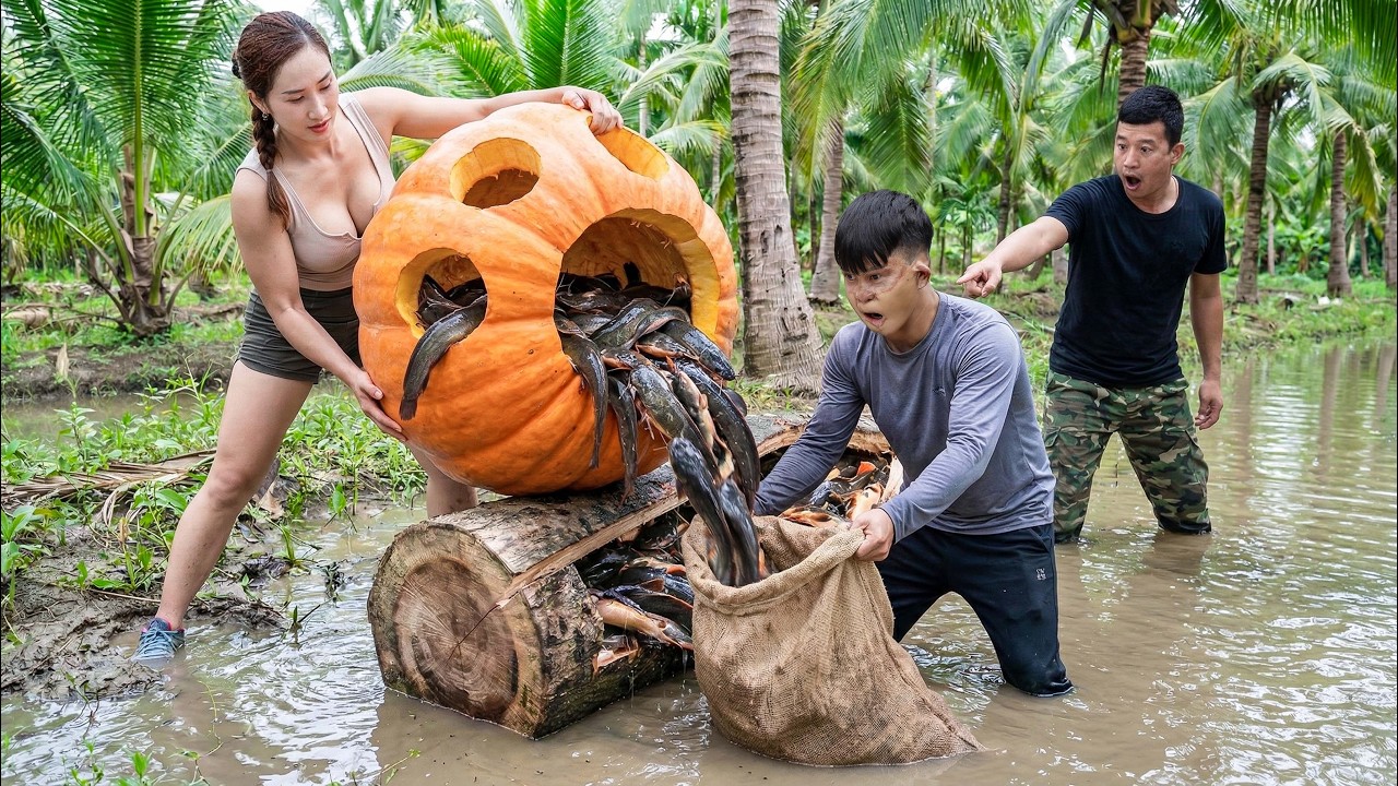 Shocking! Many Catfish Inside a Giant Pumpkin, What Did the Woman Use to Fight Back?