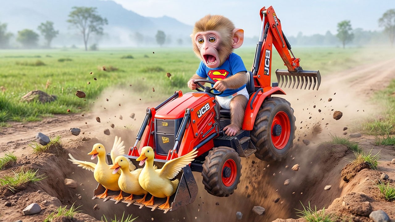 Обезьянка Изи становится супергероем! 🚜🐒 Спасаем маленького утёнка из глубокой ямы.