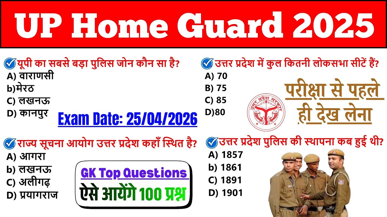 UP Home Guard GK Top 100 Questions,UP Home Guard 25 April important Questions,#uphomeguardbharti2025