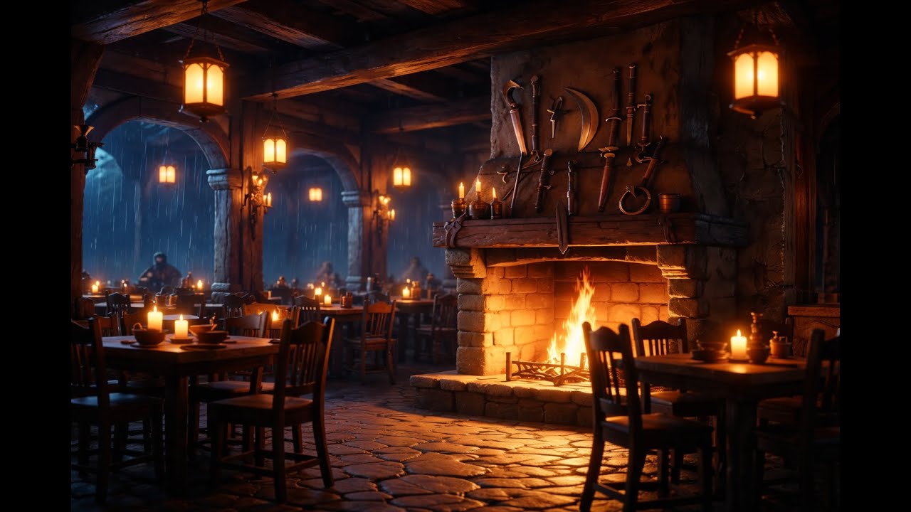 10 Hours Medieval Tavern Ambience 🔥 Fireplace & Rain | Cozy Fantasy Background #RelaxWithBoom