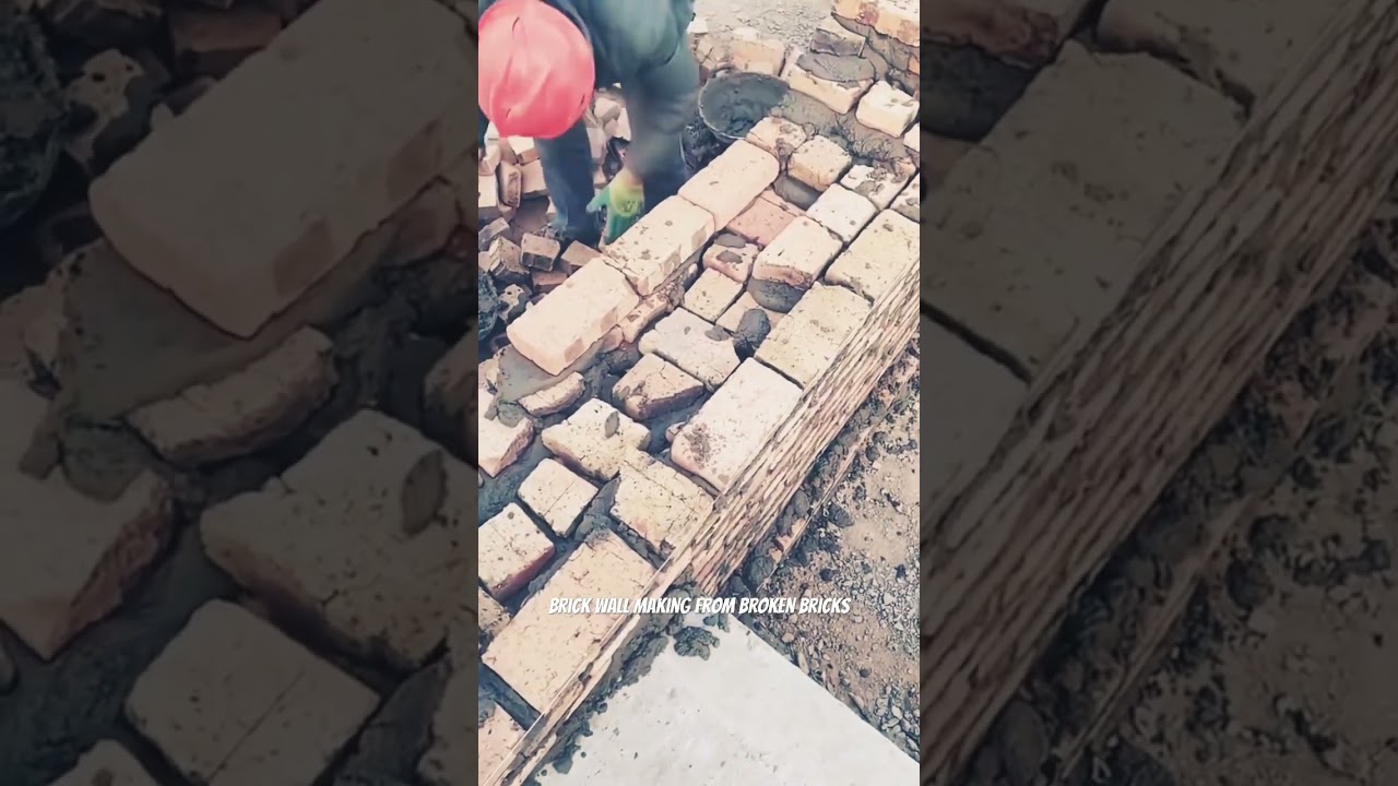 Amateur construction workers making brick wall from broken bricks