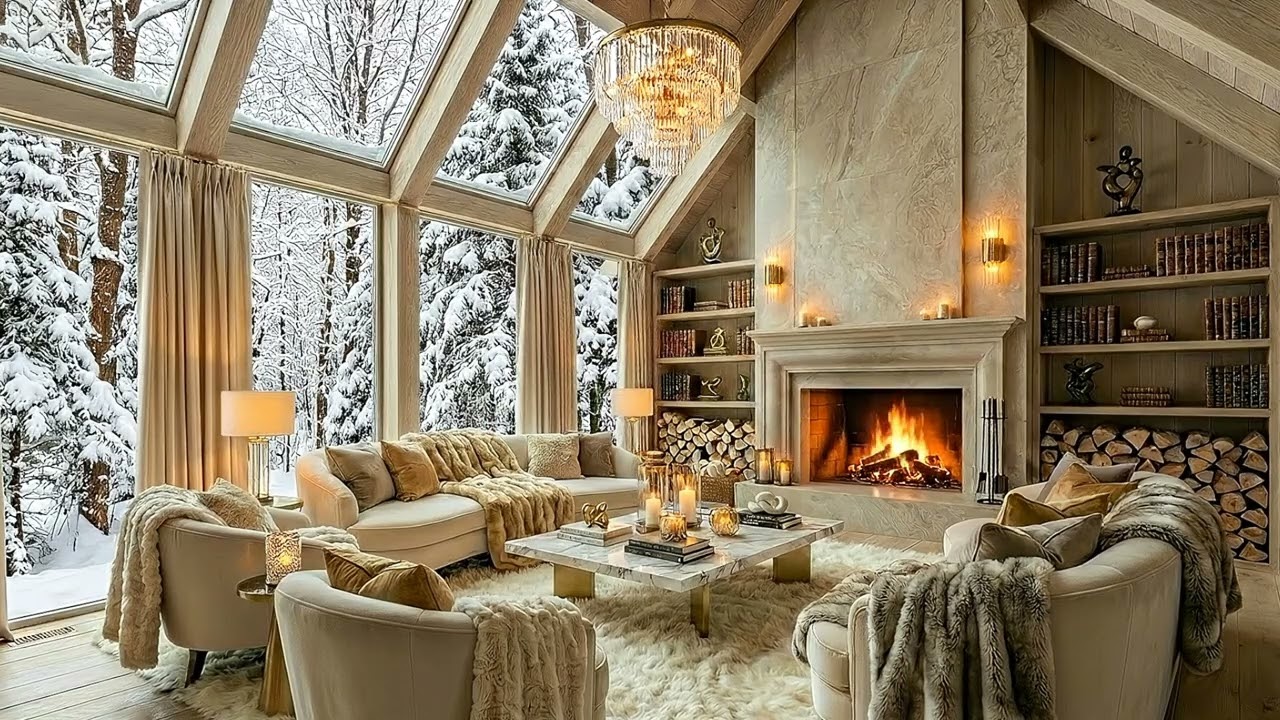 Luxury Snow Cabin Fireplace ❄️ | Smooth Jazz & Crackling Fire | 2 Hour Cozy Winter Ambience