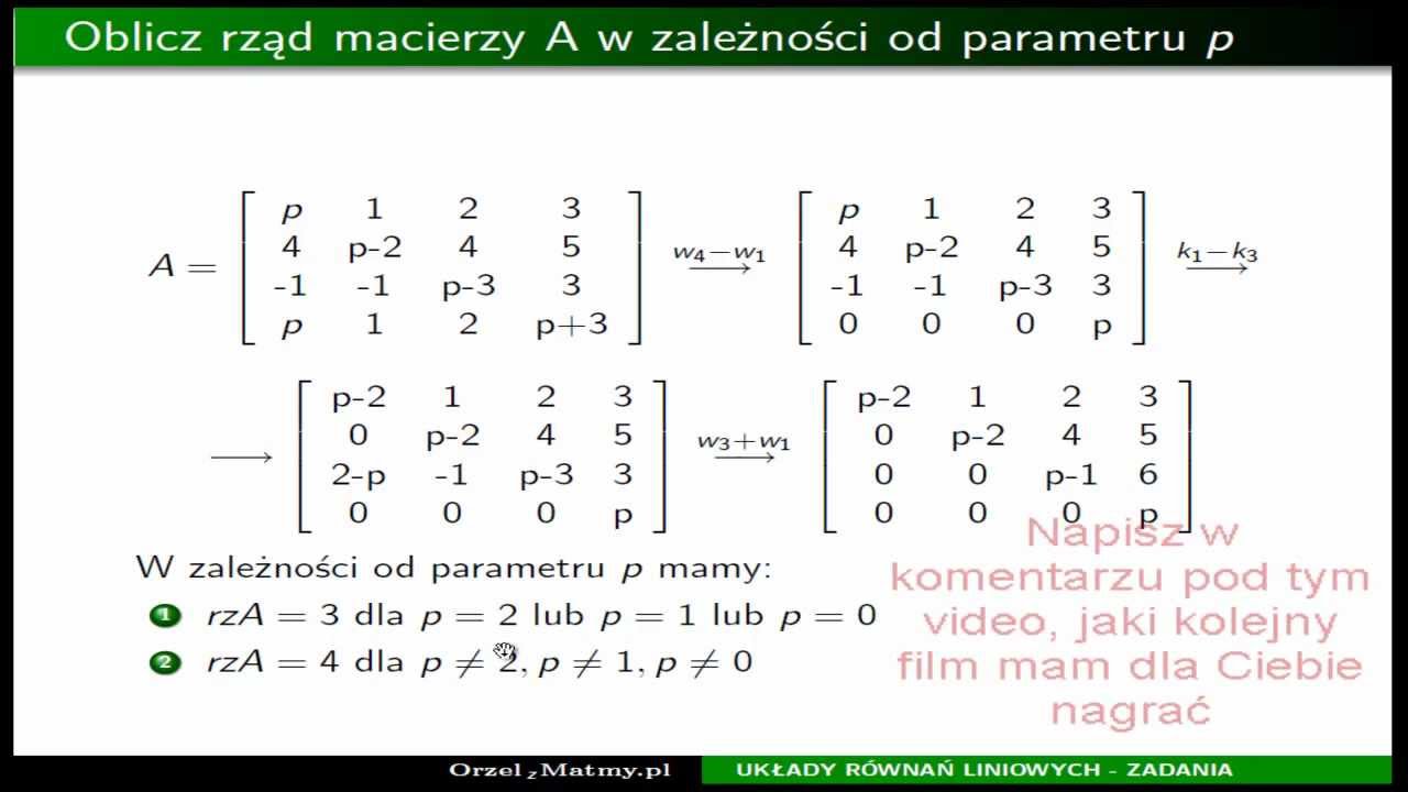 Rząd macierzy z parametrem krok po kroku (eliminacja Gaussa)
