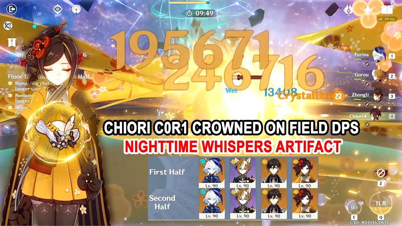 Chiori C0R1 Crowned On Field DPS Nighttime Whispers Artifact : 4.5 Abyss All Side Showcase
