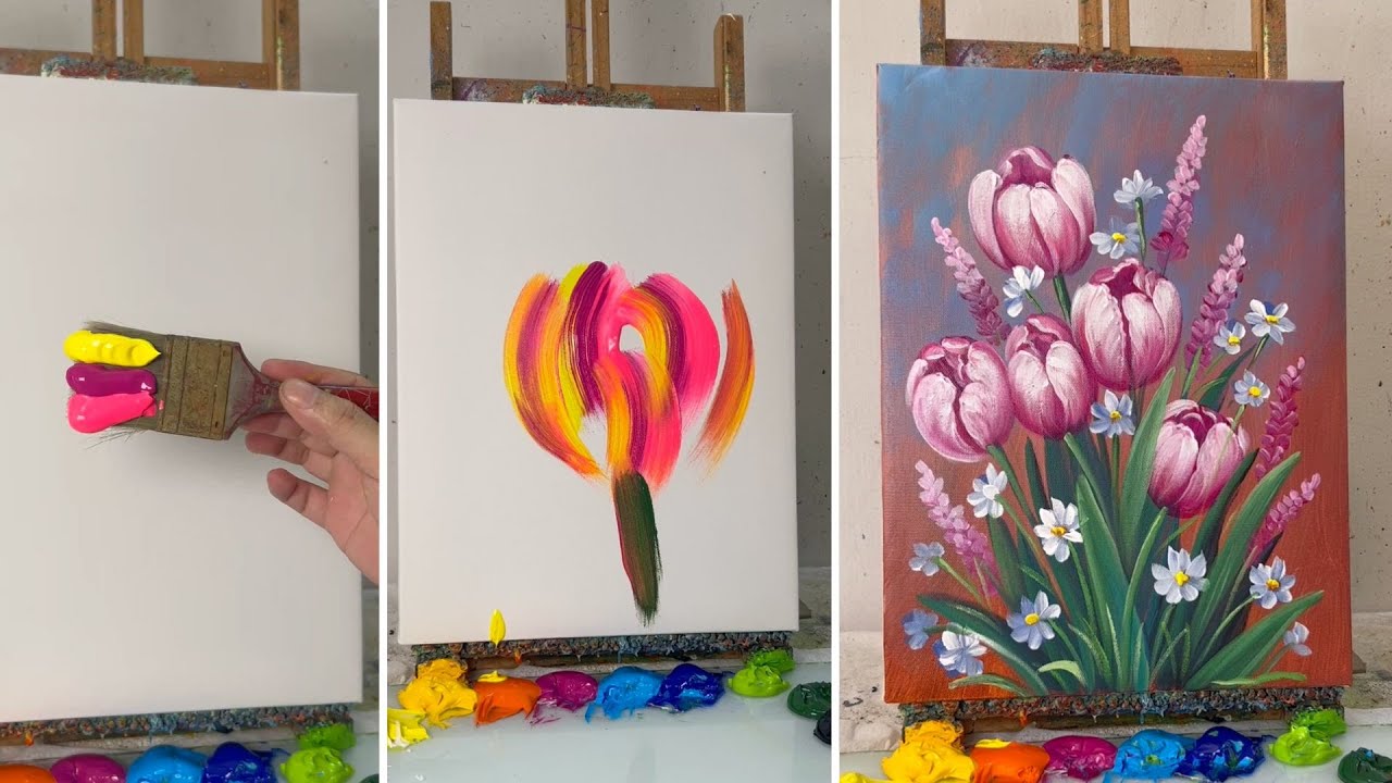 How to Paint Pink Tulips with Lavender | Relaxing Acrylic Painting for Beginners #200