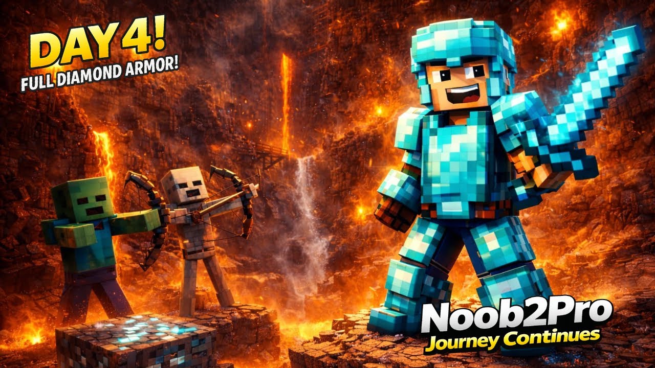 DAY 4! Full Diamond Armor & Exploring a Dangerous Ravine 😱 | Noob2Pro