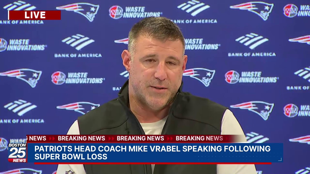 Patriots head coach Mike Vrabel speaking following Super Bowl loss