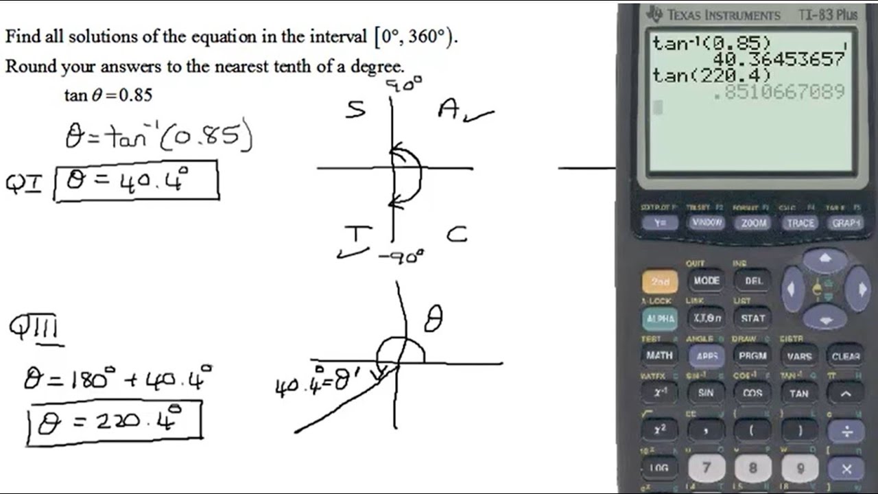 Find all Solutions Between 0 and 360 Degrees for the Linear Trigonometric Equation tan(theta)= 0.85