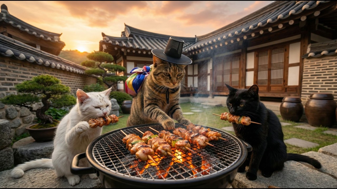 보스 냥이의 닭꼬치 굽방 🍢 배고픈 길냥이들의 난입으로 벌어진 대소동?!