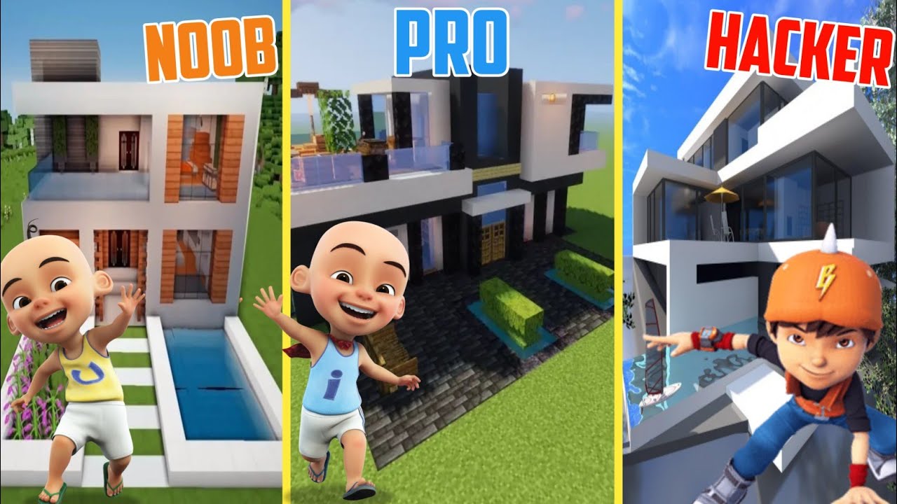 Minecraft Noob vs Pro vs Hacker : Boboiboy dan Upin Ipin Membuat Rumah Modern