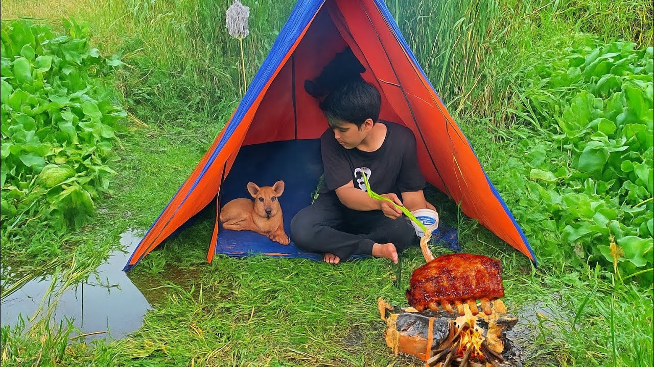 Wild camping with dog | Grilling meat by the swamp is so chill