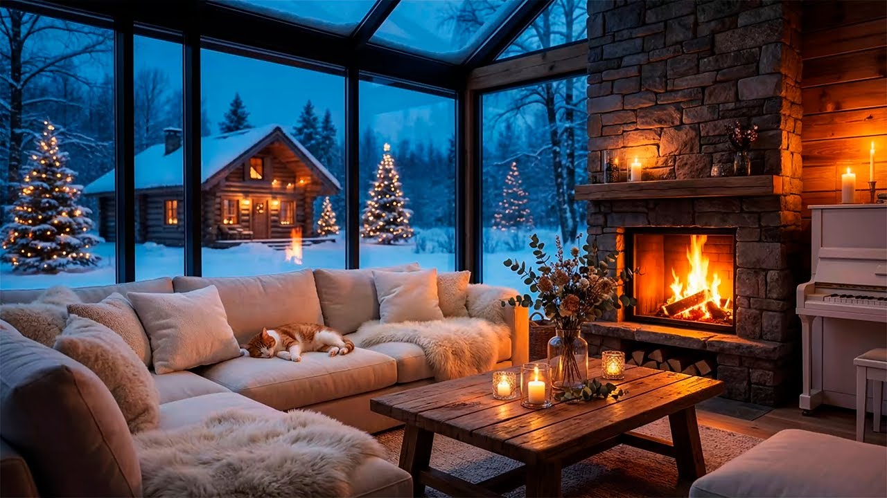 🎹❄️Cozy Winter Piano | Snowfall, Fireplace & Sleeping Cat Ambience for Deep Sleep, Relax & Healing 🔥