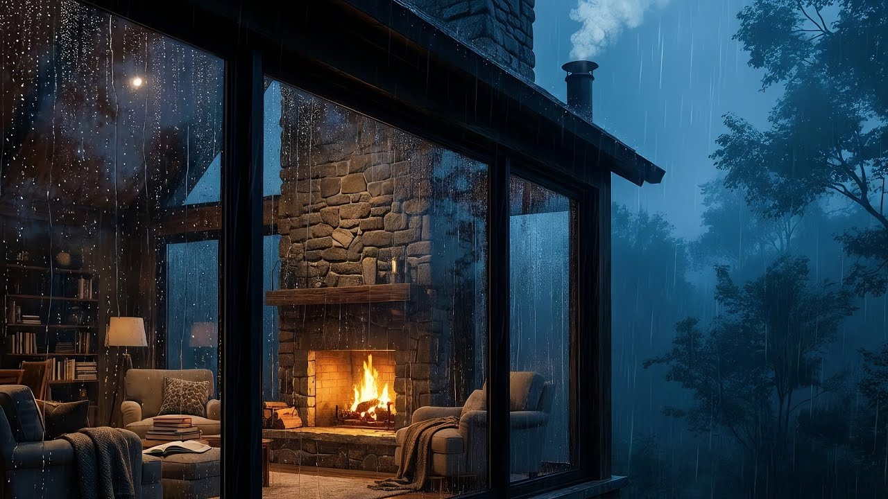 1 Hour Rainy Evening Ambience by Fireplace – Cozy Relaxation & Sleep Sounds