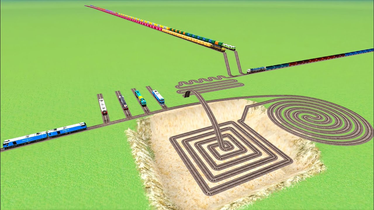 EIGHT TRAINS CROSSING😲CIRCLE SQUARE SNAKE🐍TRACK RAILROAD RAILWORK BEANG DRIVE 