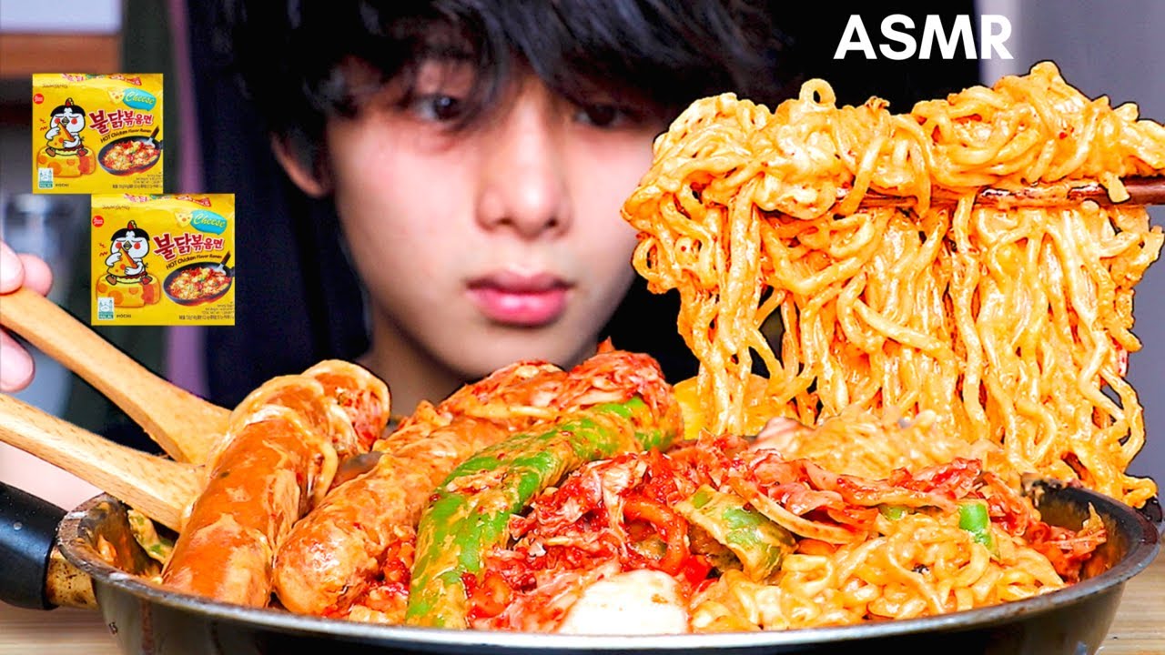 ASMR CHEESY FIRE NOODLES + KIMCHI + PEPPERS + SAUSAGES (Eating Sound) | MAR ASMR
