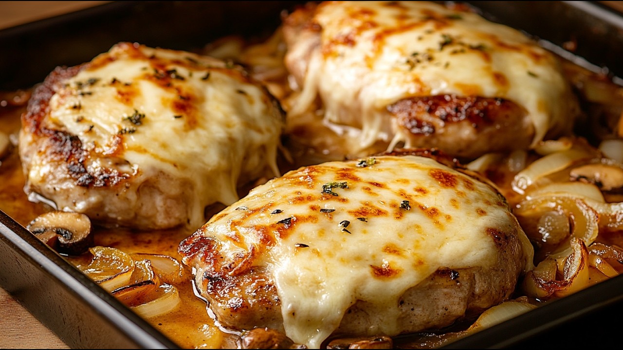 Perfektes Abendessen: Schweinesteaks mit Champignons, Zwiebeln und Käse aus dem Ofen ❗