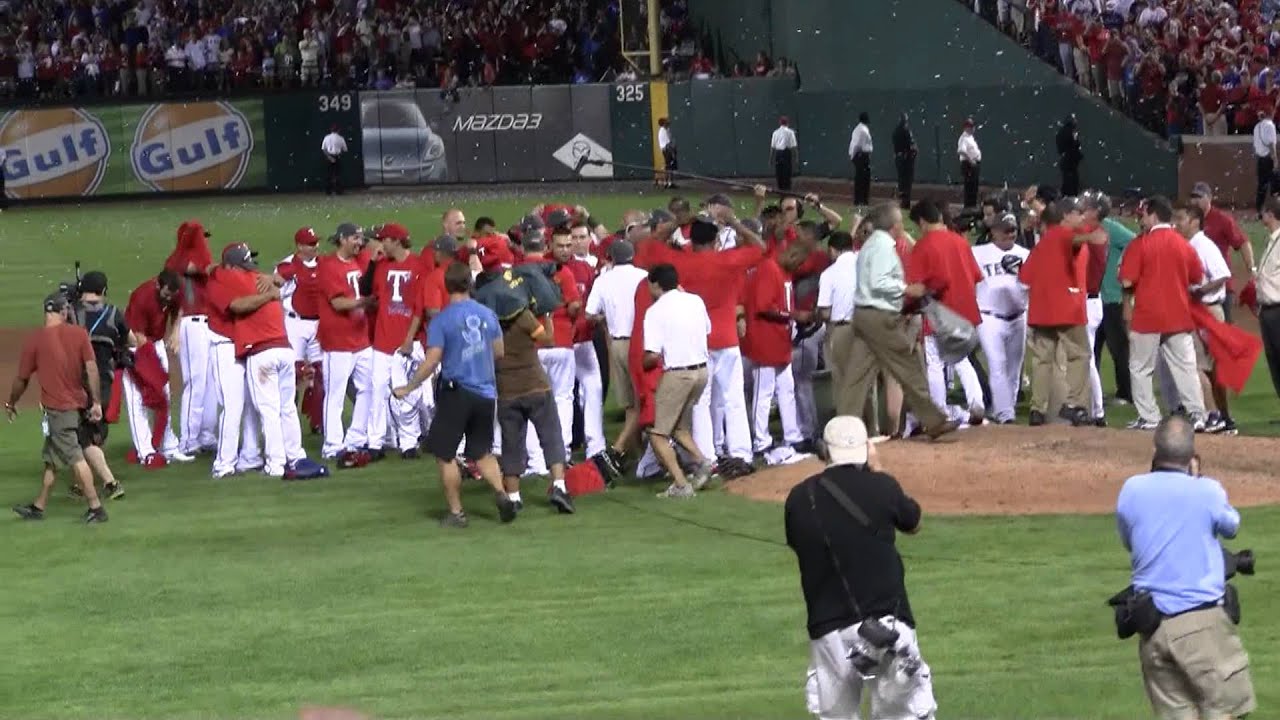 Feliz pitches to the last batter 2011 ALCS Game 6 Texas Rangers Tigers Celebration Champions