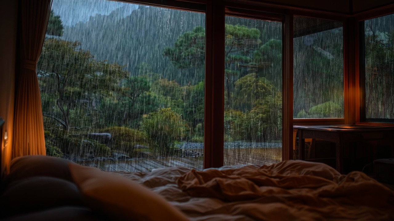 Идеальный сильный дождь в утопающем в зелени лесу домике 🌧️ вид на горы для крепкого сна и учебы