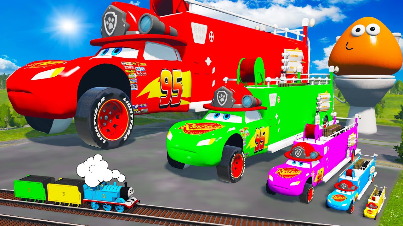 Big & Small Long Mcqueen Fire Truck with Monster Truck Wheels - Slide Color vs SPEEDBUMPS - BeamNG