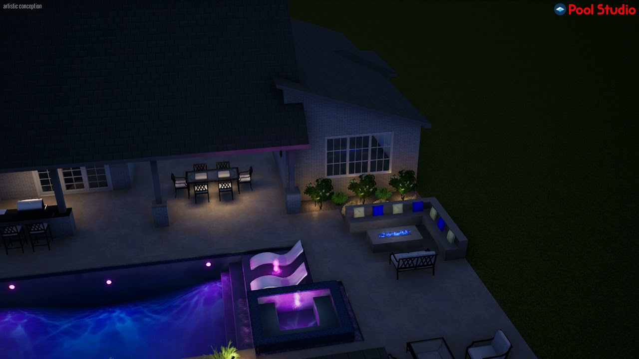 Straightline Pool with infinity spa and fire pit.