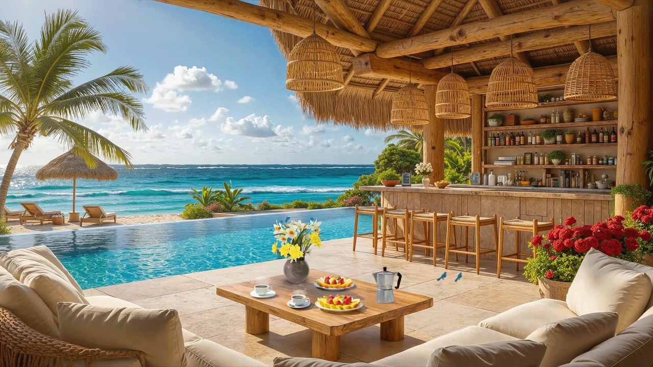 Happy Tropical Beach Café Morning ☀️ Smooth Bossa Nova Jazz & Ocean Waves for Good Mood
