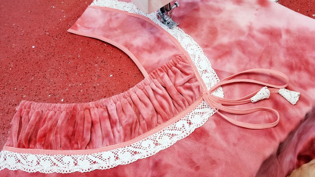 تصميم رقبة مكشكشة مع دانتيل و لاستيك/ frill neck design/ cutting and stitching/ size XL