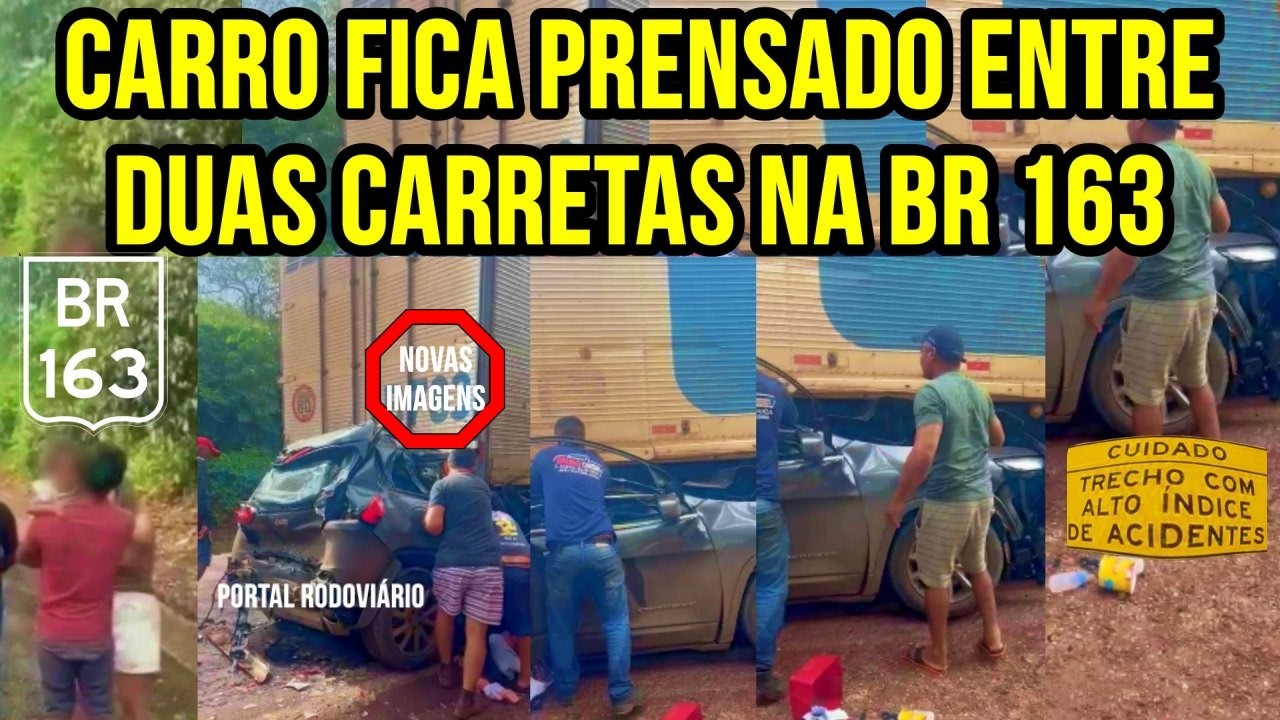 BR-163: Caminhoneiros resgatam com vida duas crianças de carro que ficou prensado entre 2 carretas