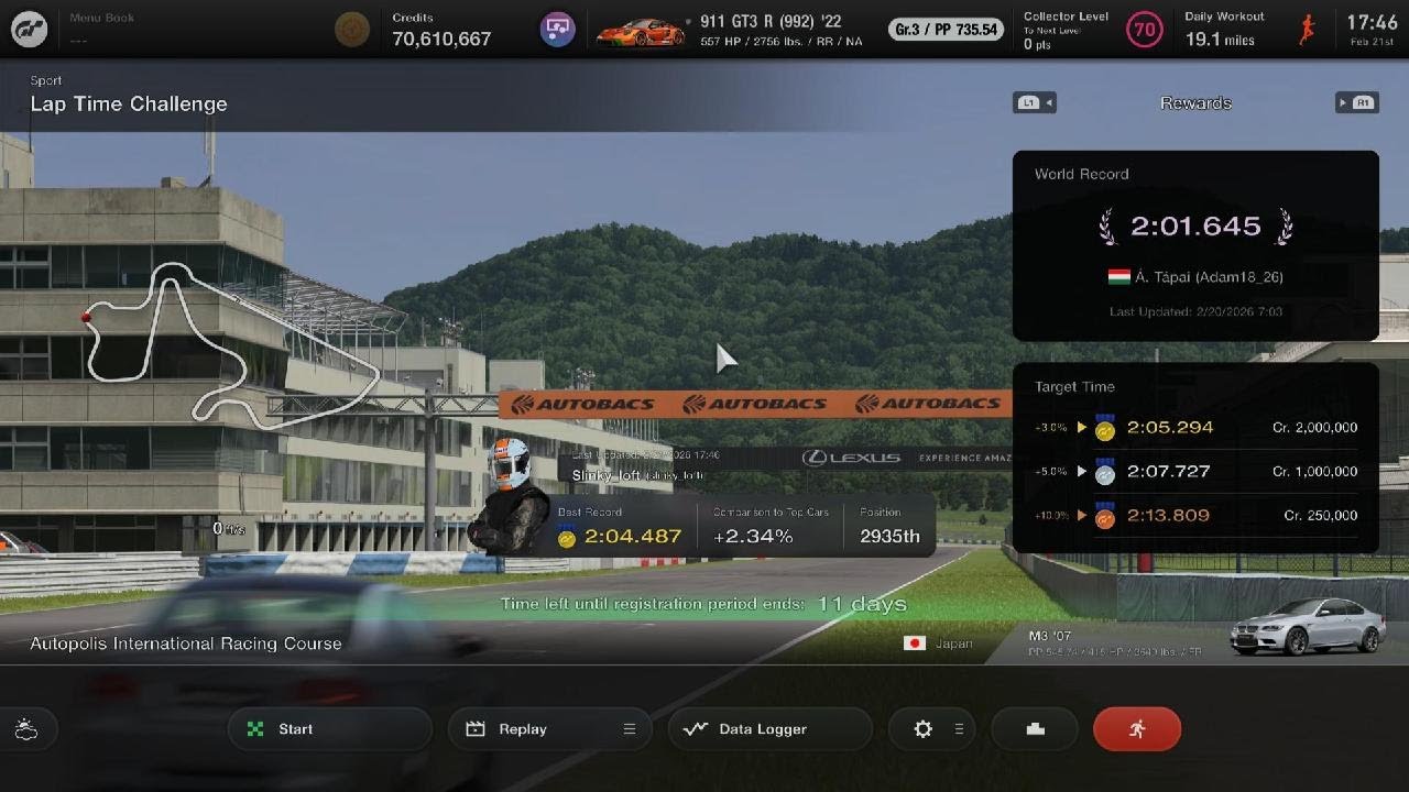 TT Autopolis in M3 '07 2'04.487 GOLD +2.34% +2.842s MT TCS0 Gran Turismo 7_20260221174639