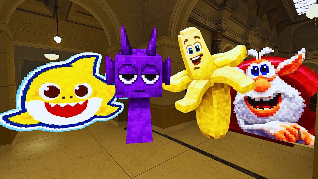QUADRUPLE MINECRAFTIFIED Nextbots of Babyshark, Banana, Durple & Booba CHASE in Garry's Mod Chase