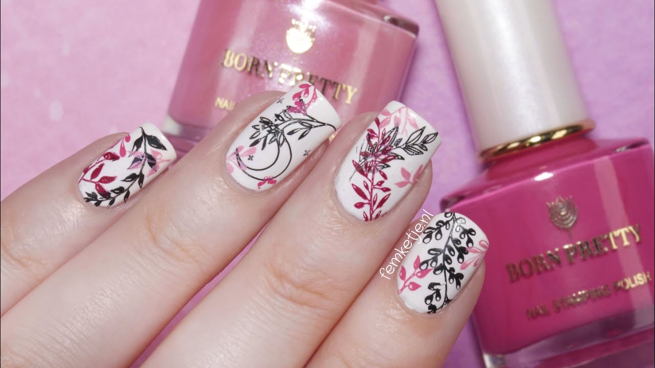 Pink Tropical Leaf Stamping Nail Art On Short Nails 💅🏻- femketjeNL