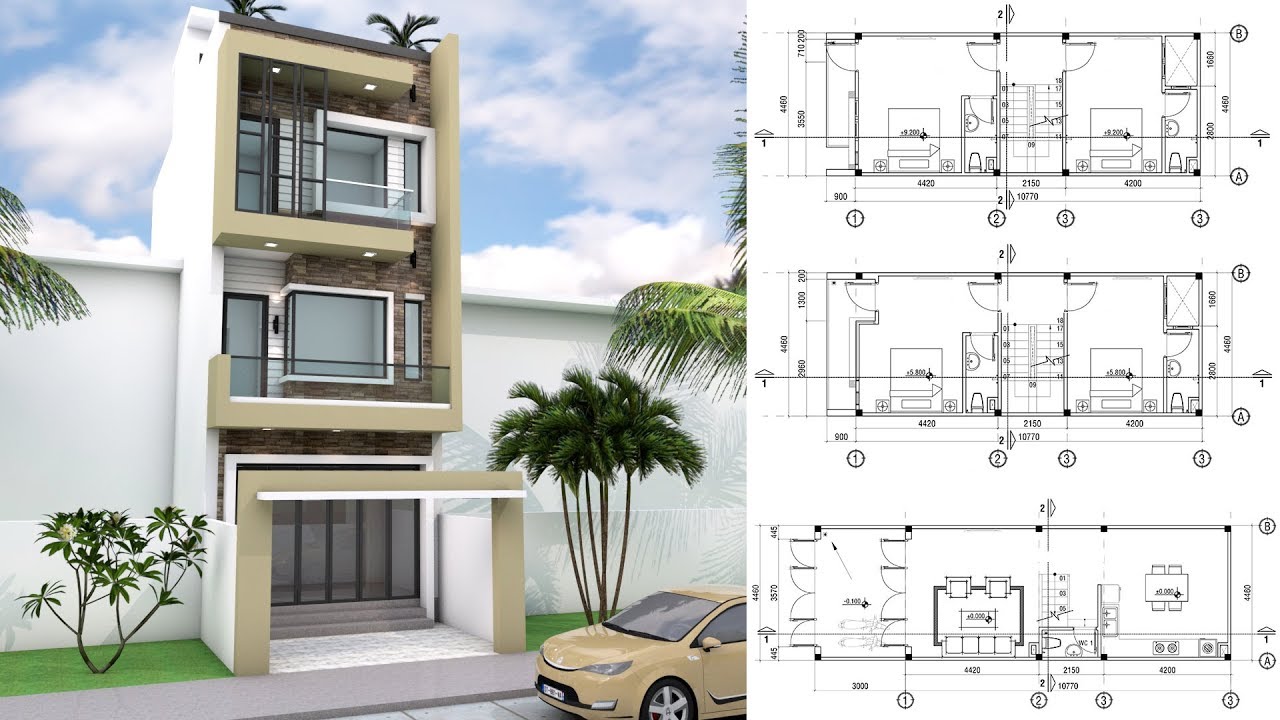 4 Bedrooms Narrow Lot House Design with SketchUp 4.5x11m
