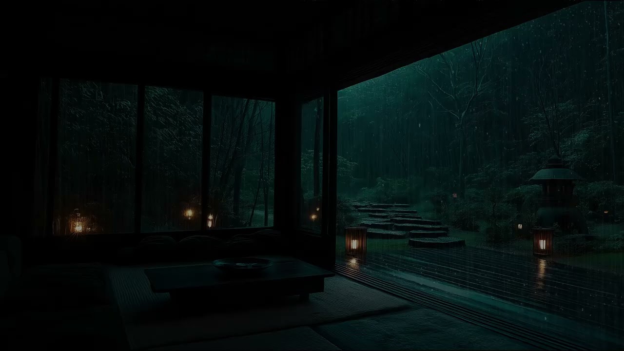 Cozy Dark Room on a Rainy Night with Gentle Rain Sounds Outside for Deep Sleep and Relaxation