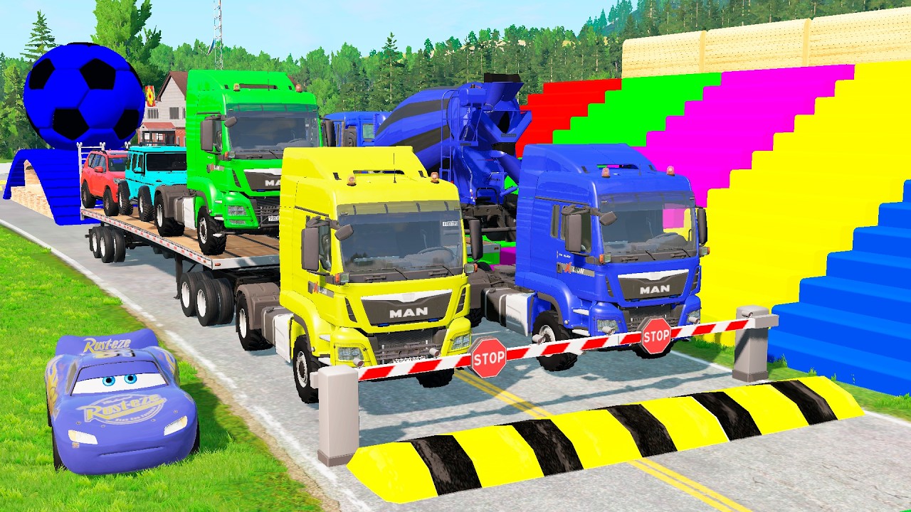 TRANSPORTING PIXAR CARS & FRUITS WITH COLORED & JOHN DEERE vs CLAAS vs TRACTORS - BeamNG.drive #983