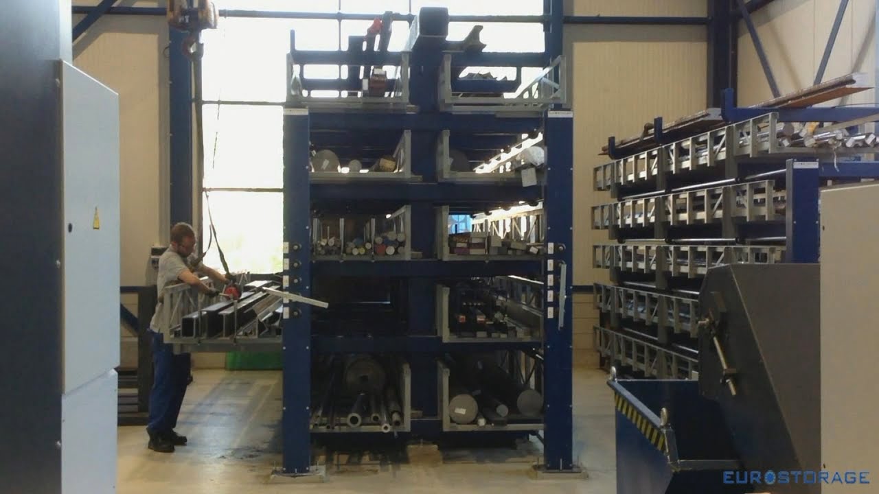 Opslagrek voor profielen met uitrolbare laden