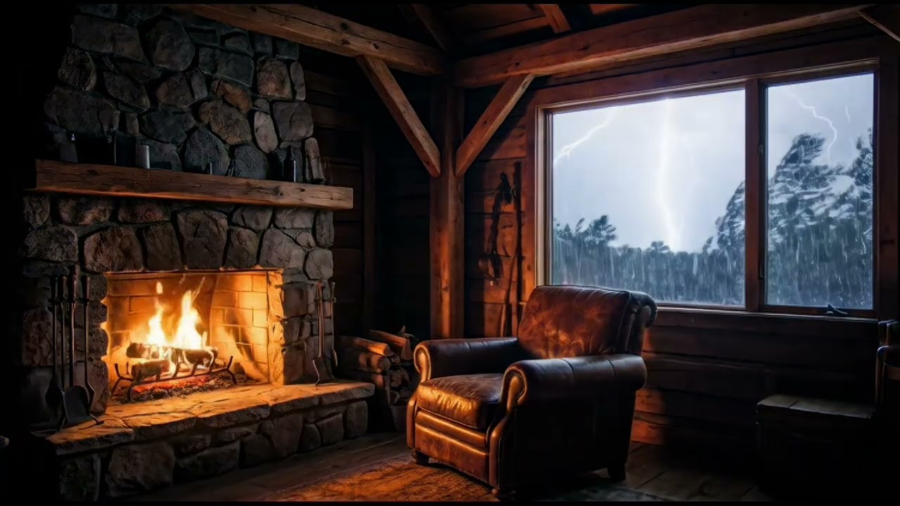 Heavy Rain & Thunderstorm in Cozy Cabin with Fireplace | Relaxing Storm Sounds for Sleep & Insomnia