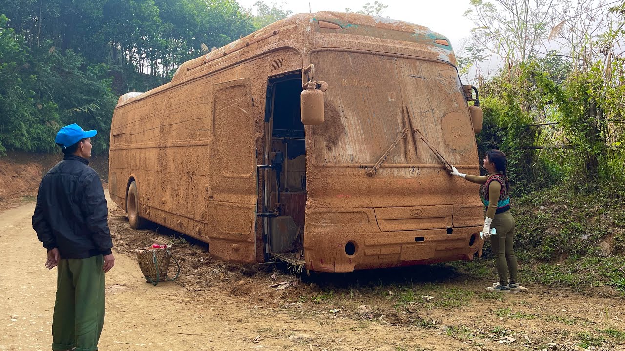 A young woman is tasked with repairing and restoring a 45-seater Hyundai bus that is covered in mud.