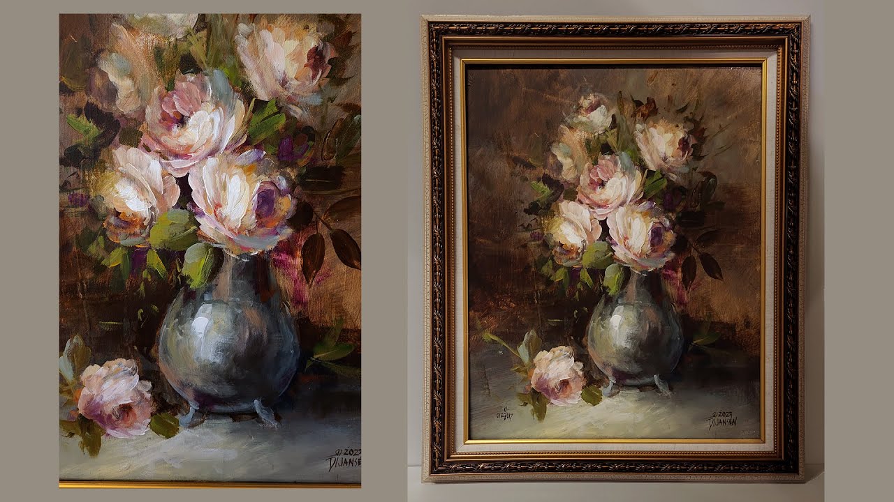 19th Century Floral Technique  Casual Vase of Roses with Acrylics Part 1