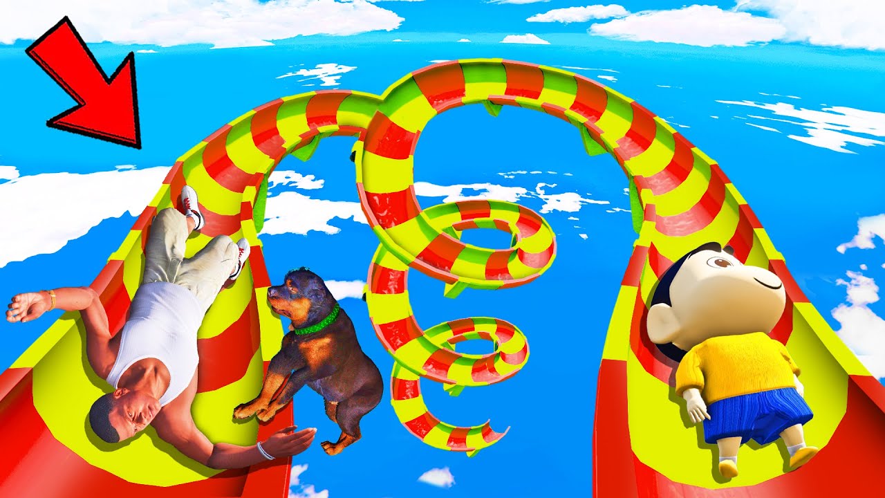 SHINCHAN AND FRANKLIN TRIED IMPOSSIBLE GIANT 3 CURLY WATERSLIDE FROM SKY PARKOUR CHALLENGE GTA 5
