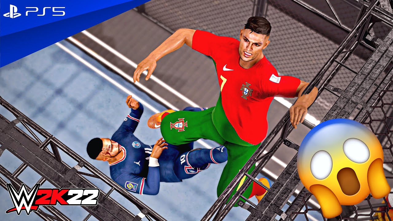 WWE 2K22 - Messi, Neymar & Ramos vs. Ronaldo, Mbappe & Marcelo - Hell in a Cell Tag Team Match | 4K