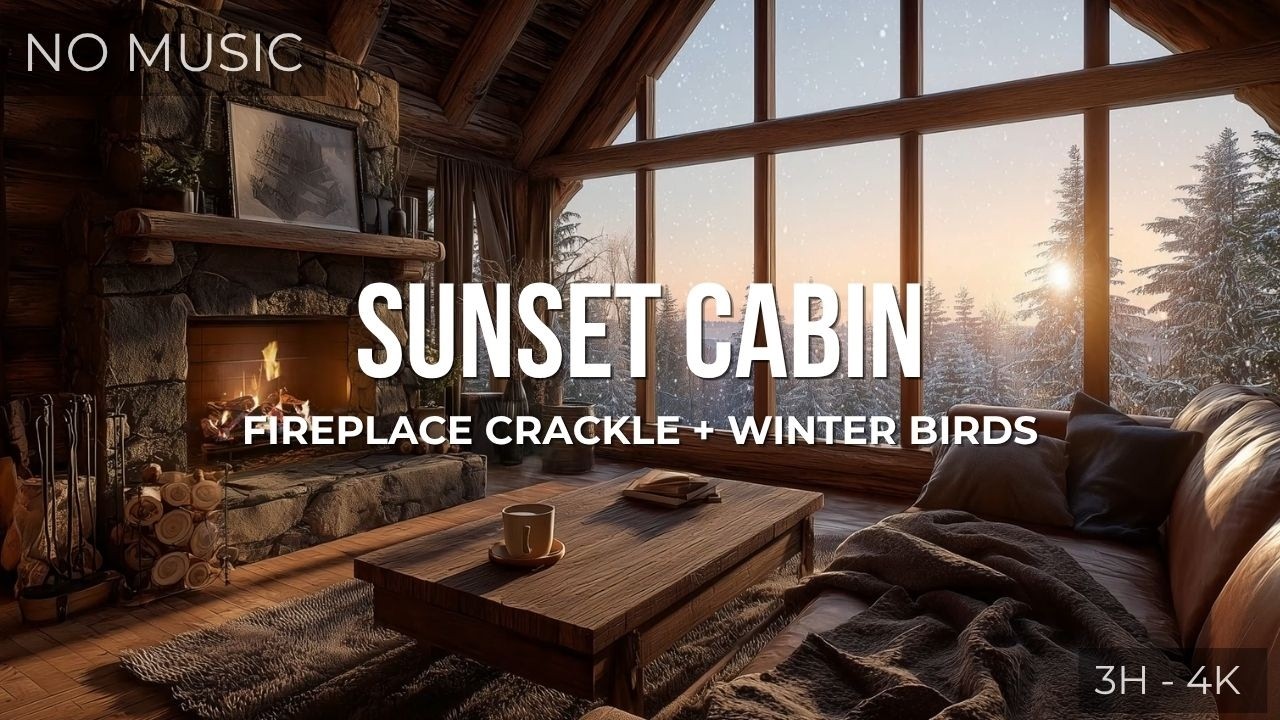 Winter Sunset Cabin Ambience | Cozy Forest View & Gentle Fireplace Calm | 3D ASMR (4K)