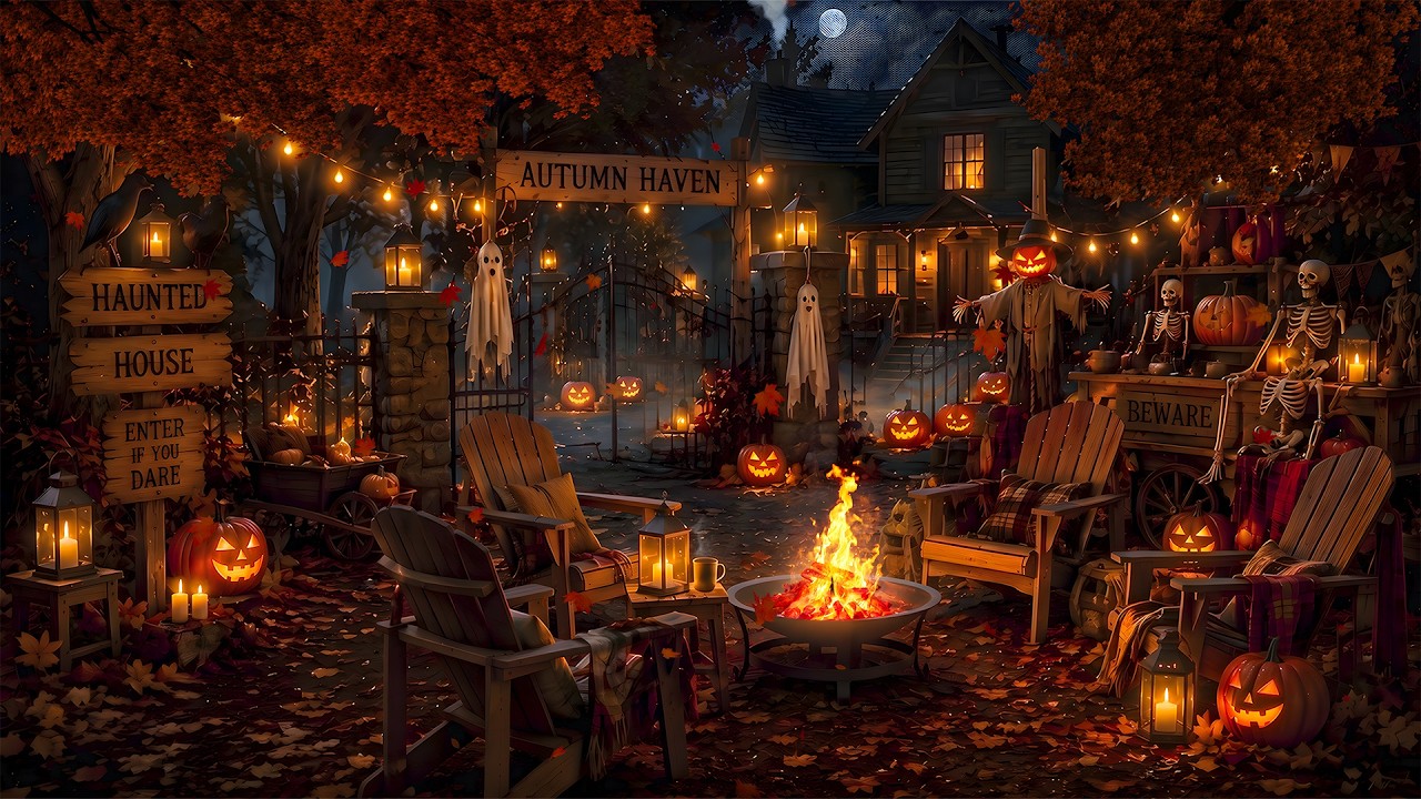 Haunted House Ambience 🍁🎃 Cozy Autumn Halloween | Fireplace Crackles & Nature Sounds for Sleep