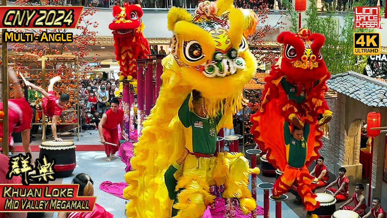 CNY 2024 - Acrobatic Lion Dance by Khuan Loke 群乐 @ Mid Valley Megamall 龙年春节贺岁舞狮 金红双狮 大鼓乐伴奏