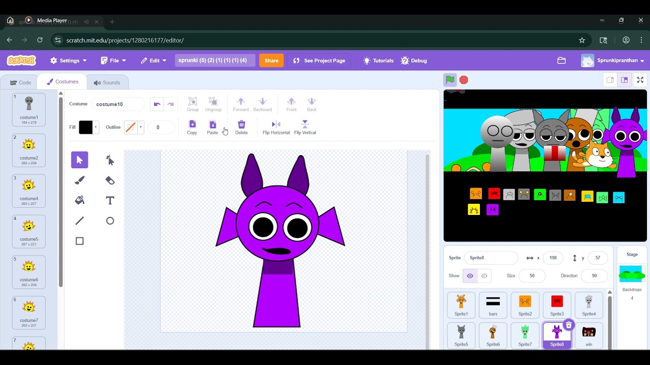 How to make Sprunki on Scratch part 12   doing costumes of Mr Sun and Durple