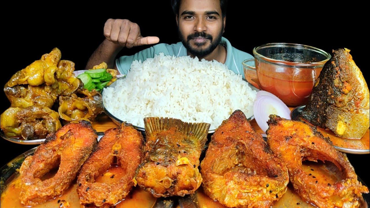 Eating Spicy Rohu Fish Curry with Rice & Chicken Gizzard Fry Mukbang | Fish Curry Eating Challenge