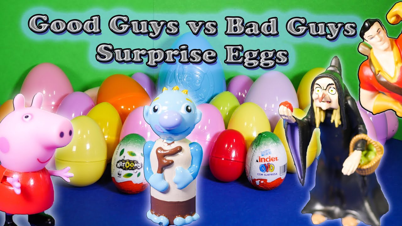 Opening Good Guys vs Bad Guys Surprise Eggs and Toys with the Assistant